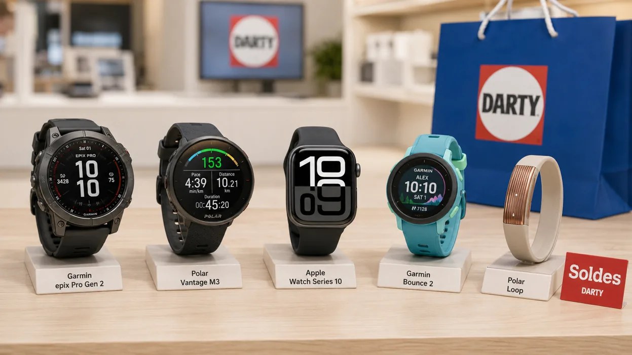Montre connectée avec écran sportif et bracelet silicone posée près d'un smartphone