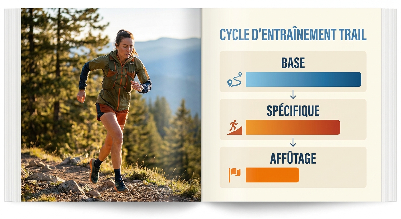Coureur d'ultra trail sur un sentier de montagne avec sac et bâtons